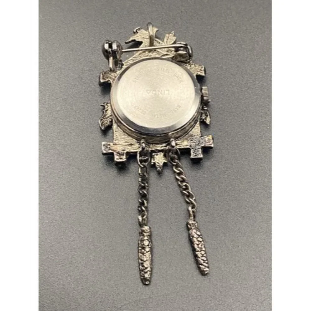 Vintage Watch Brooch/Pendant Lind Silver Tone Marcasite Cuckoo Clock Quartz 2.5" - Picture 5 of 7